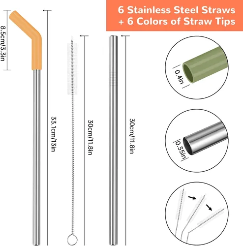 Vista 5 de Tomorotec 6 popotes de acero inoxidable con puntas de silicona para vaso Stanley de 40 onzas, juego de popotes reutilizables de 13 pulgadas