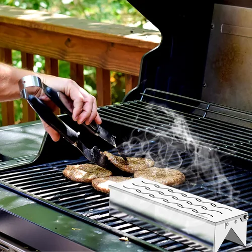 Vista 6 de Skyflame Caja de ahumador de acero inoxidable con lata, doble forma de V, astillas de madera para barbacoa, caja ahumada diseñada con ventilación