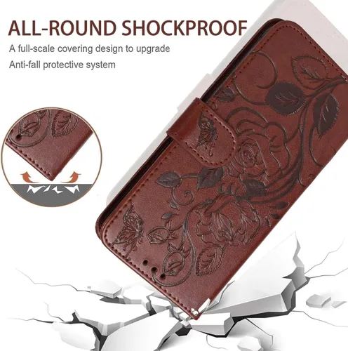 Vista 7 de Funda tipo cartera para iPhone XR con protector de pantalla de vidrio templado, funda de cuero con diseño de flores para tarjeta de crédito