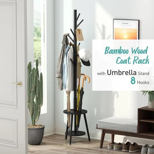 Vista 2 de Perchero de madera de bambú independiente con soporte para paraguas, soporte de altura ajustable con 8 ganchos, perchero para niños, utilizado