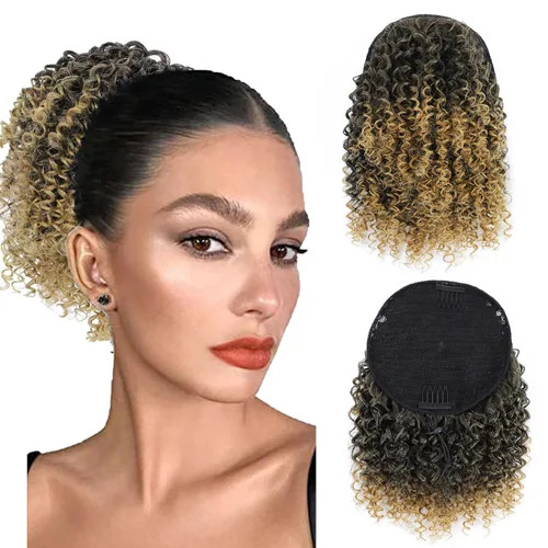 Vista 11 de Cola de caballo con cordón para mujeres negras, cola de caballo rizada afro para mujeres negras, cola de caballo rizada de onda corta, extensiones