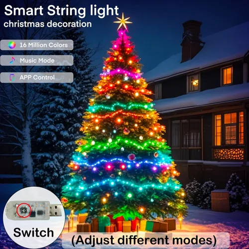 Vista 2 de Honche Guirnalda de luces inteligentes RGB de 100 luces LED USB de 32.8 ft/33 pies, impermeable, con control de aplicación, decoración de árbol