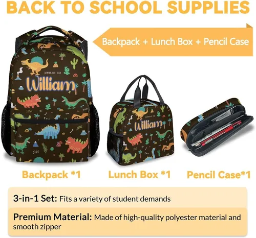 Vista 3 de Mochila personalizada para niños con lonchera para niños y niñas, juego personalizado de 3 mochilas escolares de dinosaurios a juego, bonita bolsa