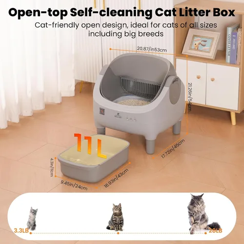 Vista 6 de Caja de arena automática mejorada, autolimpieza, con escalón elevado, parte superior abierta, gran capacidad para múltiples gatos, control de olores