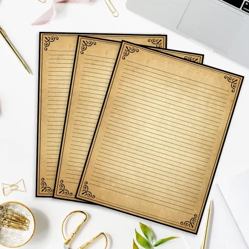 Vista 7 de Papel rayado vintage con diseño de borde antiguo, 50 hojas, papel de papelería para escribir cartas, 100 gsm, 11 x 8.5 pulgadas, papelería
