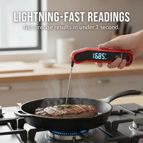 Vista 3 de Termómetro digital para carne de lectura instantánea de 0.5 segundos con rotación automática, pantalla LCD grande y modo de suspensión, precisión