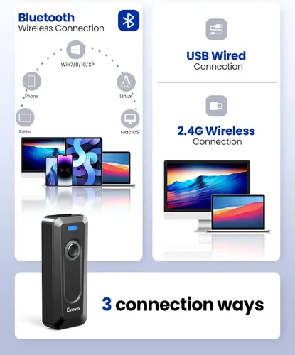 Vista 5 de Paquete de 2 escáneres de código de barras Eyoyo 2D Bluetooth inalámbrico con clip, batería de 2000 mAh con indicador de nivel, mini lector