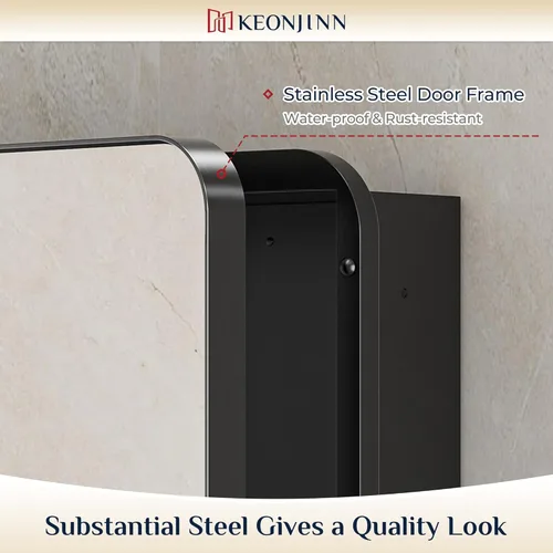 Vista 4 de Keonjinn Gabinetes de medicina delgados negros de 15 x 36 pulgadas, botiquín lateral estrecho para baño con espejo, marco de acero inoxidable