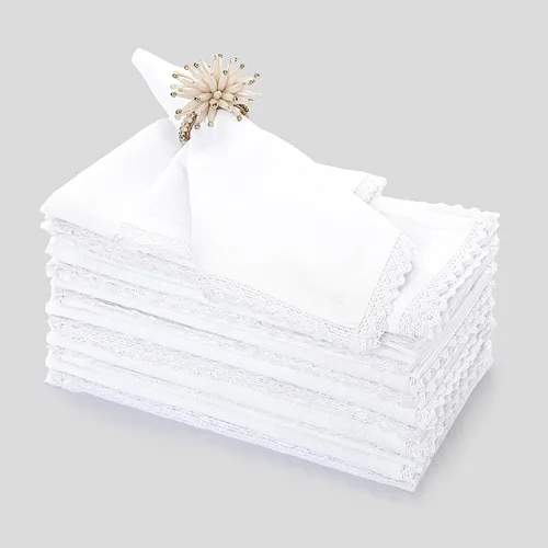 Vista 41 de FINGERCRAFT Servilletas de tela de lino y algodón de 12 unidades con esquinas ingletadas y elegante encaje para uso diario; las servilletas están