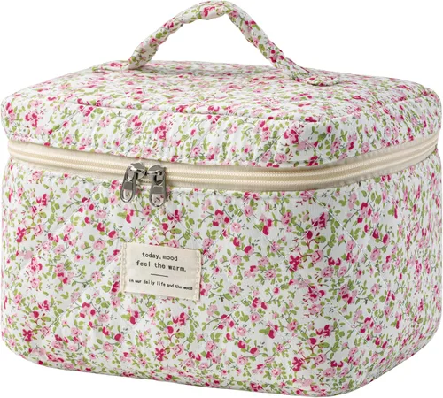 Vista 27 de HBselect Bolsa de Maquillaje Acolchada, Bolsa de Maquillaje Grande de Algodón para Viaje, Lindas Bolsas de Maquillaje con Flores Coquette, Bolsas