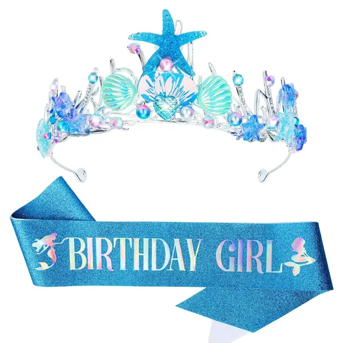 Vista 10 de CIEHER Corona de sirena, banda de cumpleaños, diadema de conchas para niñas, decoración de fiesta de sirena