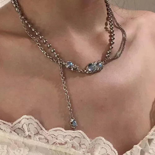 Vista 62 de Y2k - Collar irregular con dije de estrella, piedra de luna, diseño de cadena de moda, joyería de plata picante para mujer