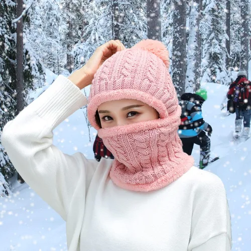 Vista 4 de Gorros de invierno para mujer, de una pieza, con forro polar, de punto, pasamontañas, con cuello de calavera, bufanda circular, sombrero de nieve