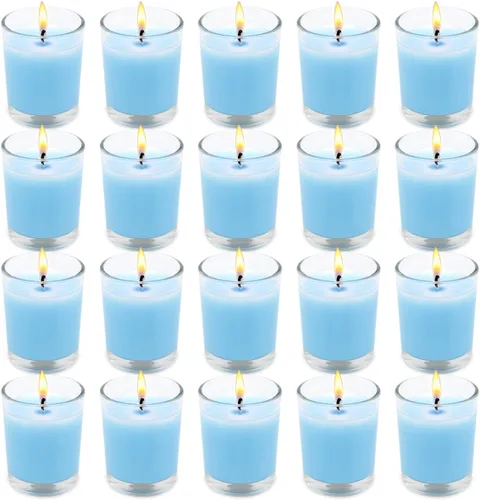 Vista 16 de Juego de 20 velas votivas blancas rellenas de vidrio transparente sin perfume de cera de soja para el hogar, spa, bodas, cumpleaños, vacaciones
