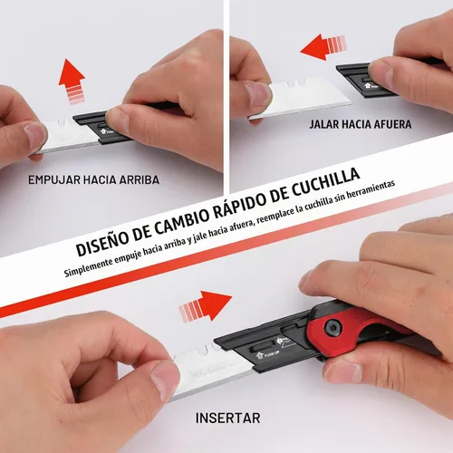 Vista 6 de WORKPRO Cuchillo plegable 2 en 1, cortador de caja de cambio rápido con clip para cinturón, bloqueo de revestimiento y mango G10, 10 cuchillas SK5
