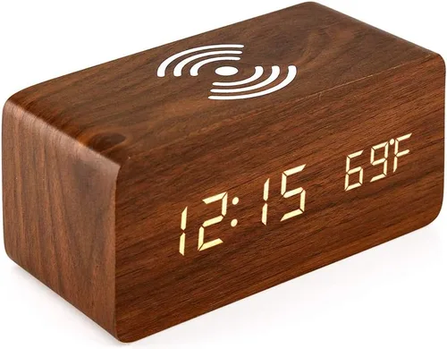 Vista 9 de OCT17 Reloj despertador con almohadilla de carga inalámbrica Qi compatible con iPhone Samsung, reloj digital LED de madera, función de control