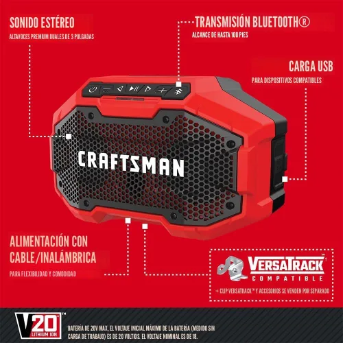 Vista 3 de CRAFTSMAN V20 Altavoz Bluetooth Portátil Inalámbrico, Solo Herramienta (CMCR001B), Rojo