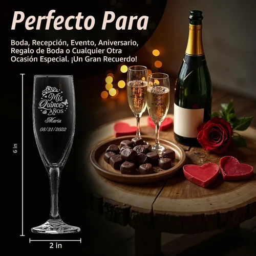 Vista 4 de GIFTS INFINITY® Juego de 2 copas de champán grabadas para boda con corazón de Infinity, copas personalizadas para brindis - Regalo para el Día
