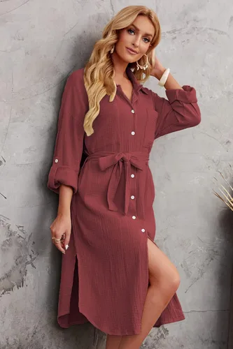 Vista 2 de Kalssior Womens Swimsuit Cover Up V Neck Collared Button Down Shirt Long Sleeve Side Split Beach Cardigans