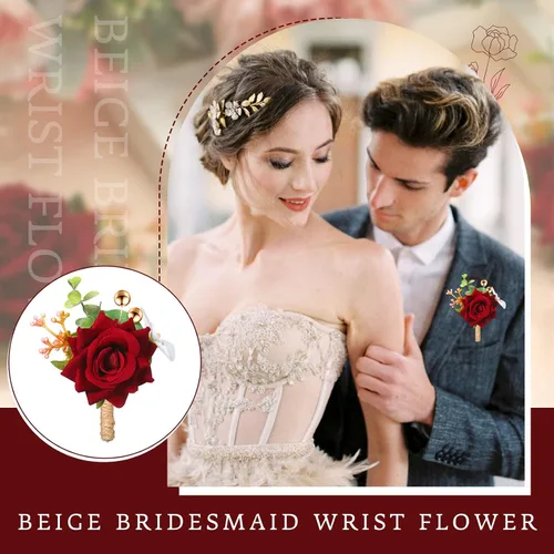 Vista 3 de Sherr Juego de 24 boutonniere burdeos para hombre, diseño de rosa para boda, bolsillo con alfileres, para novio, padrinos de boda, ramillete, traje