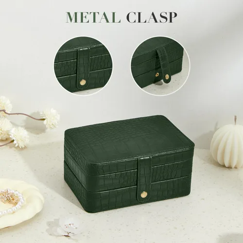 Vista 6 de Estuche organizador de joyas de viaje de piel sintética para mujeres y niñas, joyero portátil de 2 capas para aretes, anillos, collares, pulseras