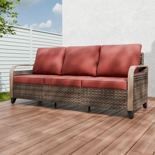 Vista 10 de Sofá de mimbre para patio, sofá para exteriores, 3 asientos Marrón/Gris