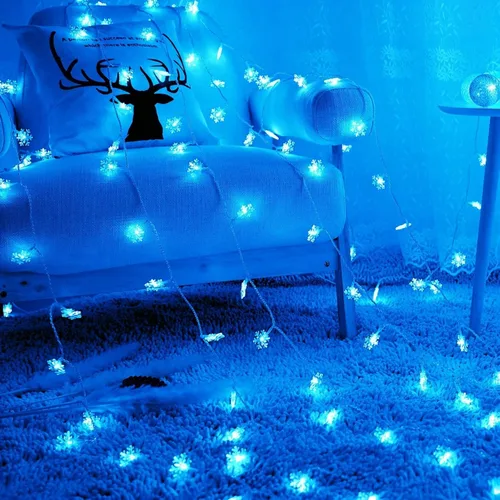 Vista 6 de Luces de Navidad, 20 pies, tira de 40 luces led con forma de copo de nieve, azules, funciona con pilas, guirnalda de luces para dormitorio, patio