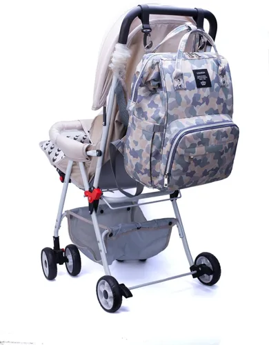 Vista 7 de Mochila para pañales para mamá y papá, bolsa cambiadora de maternidad con correas para cochecito (camuflaje)