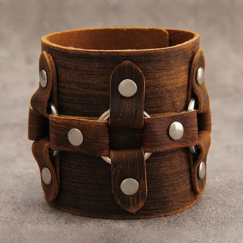 Vista 8 de Pulsera de cuero para hombre, brazaletes de cuero punk, pulsera de cuero negro para mujer