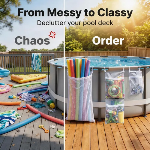 Vista 2 de ¡Perfección junto a la piscina! 4 bolsas de almacenamiento de malla para juguetes, fideos de piscina, flotadores vibrantes – ¡Organiza tu