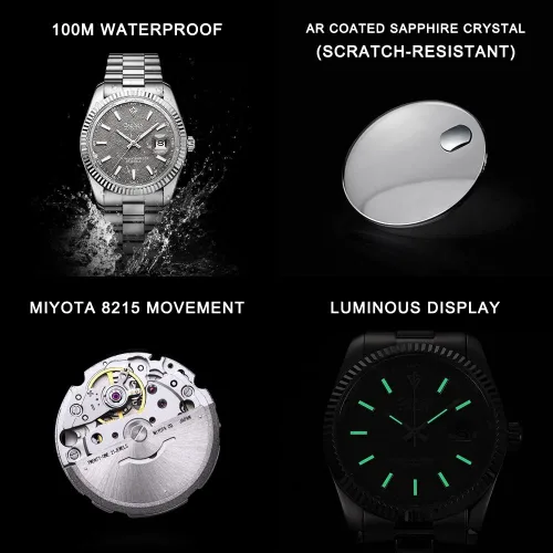 Vista 7 de CADISEN Reloj mecánico automático de acero inoxidable de lujo de marca impermeable de 328.1 ft para hombre de diseño H0mage