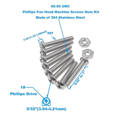 Vista 5 de Juego surtido de tornillos Phillips de cabeza plana de acero inoxidable #2-56 UNC y tuercas 220PCS, 9 Sizes, 5/32" to 1" Length, Imperial
