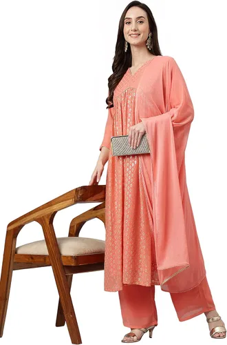 Vista 3 de Janasya Indian Peach Georgette Foil Print Kurta con Palazzo y Dupatta para mujer