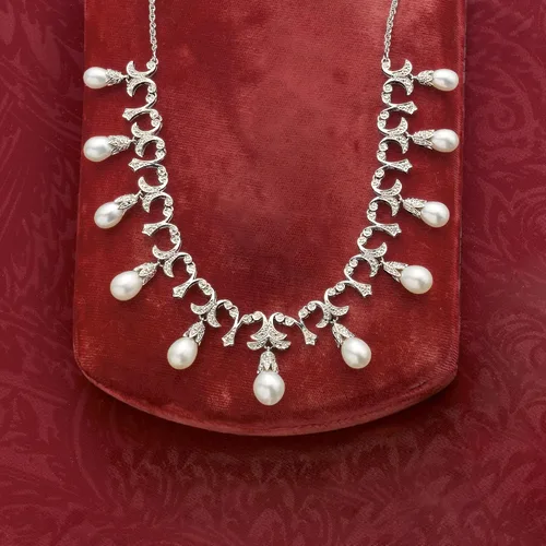 Vista 5 de Ross-Simons 6-9mm Cultured Pearl and .20 ct. t.w. Diamond Necklace in Sterling Silver
