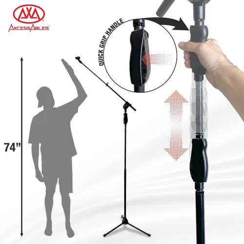 Vista 5 de AxcessAbles - Soporte de micrófono con base de trípode y brazo de pluma, ajuste de altura de embrague de liberación rápida, soporte de micrófono