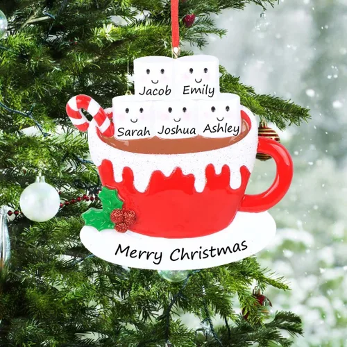 Vista 2 de Adornos para árbol de Navidad 2024 – Adorno personalizado de la familia de 5 cacaos de malvaviscos – Regalo de recuerdo de vacaciones – Taza