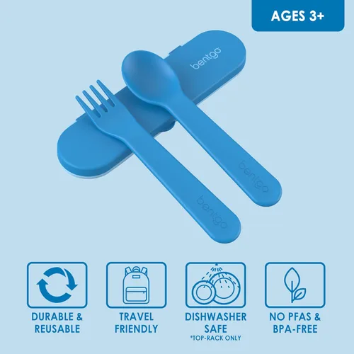 Vista 3 de Bentgo Juego de utensilios para niños, tenedor, cuchara y estuche de almacenamiento de plástico reutilizable, materiales sin BPA, asas de fácil