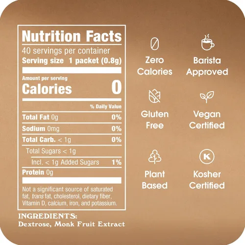 Vista 2 de Monk Fruit In The Raw, Edulcorante natural de fruta de monje, sin azúcar, sin gluten, cero calorías, sustituto vegano del azúcar, 40 paquetes