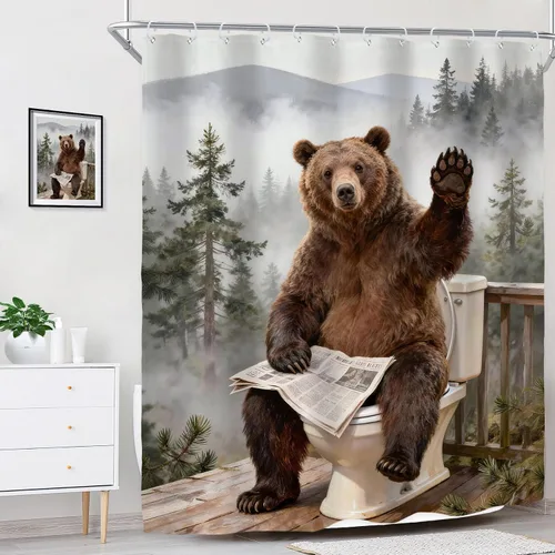 Vista 3 de Riyidecor Funny Brown Bear Shower Curtain for Bathroom Decor 60Wx72H Rustic Wooden Board Plank Animal Humorous Farmhouse Mountain Tree Art Printed