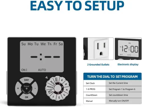 Vista 3 de TiFFCOFiO Temporizador de Enchufe Mecánico para Interiores, Temporizadores de 3 Clavijas para Tomas Eléctricas, Temporizador de Luz Enchufable