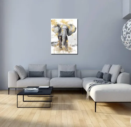 Vista 3 de sechars Cuadro moderno de animales para pared, pintura de elefante dorado y gris, impresiones en lienzo, arte contemporáneo para sala de estar