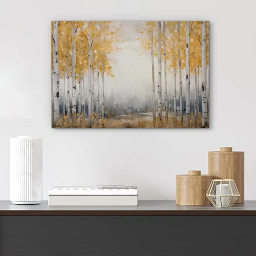 Vista 4 de SIGNFORD Lienzo impreso para pared, árboles de abedul dorados de otoño, bosque, decoración de guardería, paisaje decorativo, relajante, tranquilo
