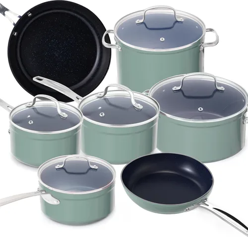 Vista 12 de Nuwave - Juego de 12 utensilios de cocina forjados y ligeros, revestimiento ultra antiadherente de cerámica Duralon G10 saludable, tapas de vidrio
