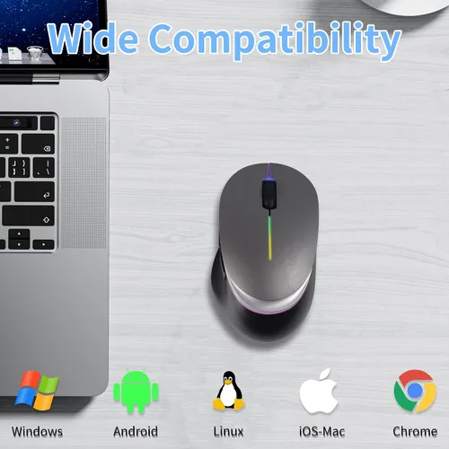 Vista 7 de Ratón ergonómico inalámbrico Bluetooth con luz LED RGB, ratones de computadora portátiles silenciosos recargables de modo dual con receptor USB