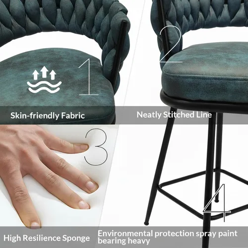 Vista 7 de Juego de 2 taburetes de bar giratorios de tela de gamuza con giro de 360°, base de metal y reposapiés, respaldo tejido tapizado para comedor, mesa