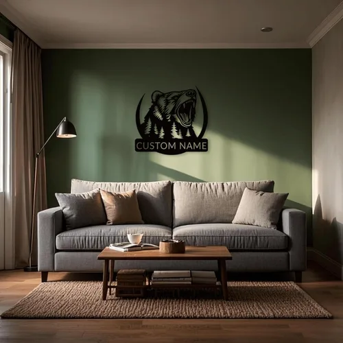 Vista 6 de Arte de pared de metal con oso grizzly de bosque, letreros personalizados con nombre de oso rugiente, decoración de pared personalizada de cabaña