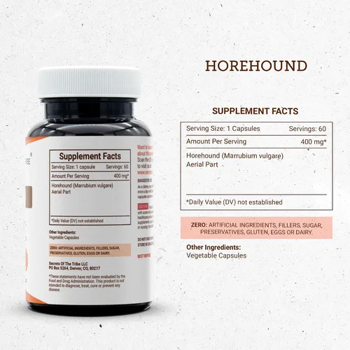 Vista 3 de Secrets of the Tribe Horehound 60 Cápsulas, 800 mg, Horehound (Marrubium vulgare) Hierba seca (60 Cápsulas)