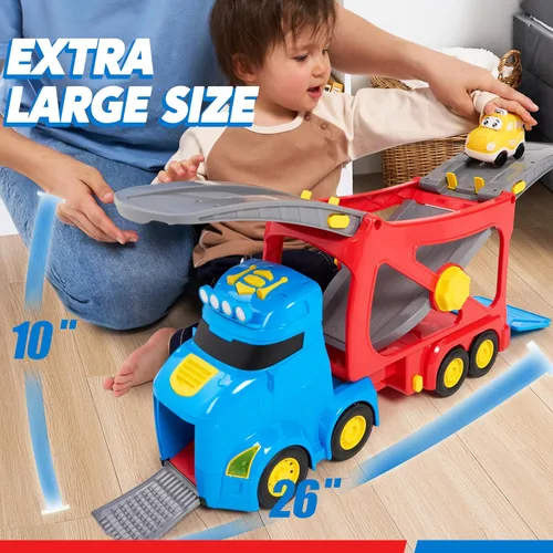 Vista 2 de Vroomix Camiones de Juguete Extra Grandes para Niños Pequeños, Camiones de Ciudad de 3 Niveles para Niños, Camión Transportador Grande 7 en 1