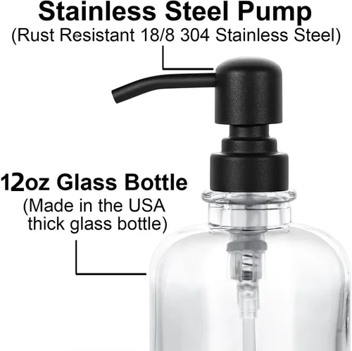 Vista 3 de Dispensador de jabón de manos en tarro grueso de vidrio transparente para baño con bomba de acero inoxidable negro mate, dispensador de botellas