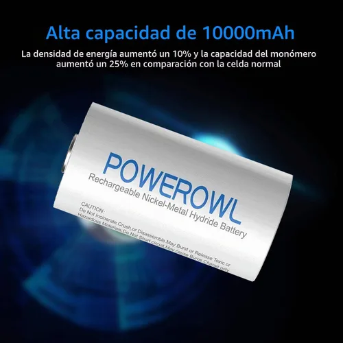 Vista 2 de POWEROWL Baterías recargables D de 10000 mAh de baja autodescarga, NiMH, precargadas, 4 unidades (Recharge Universal)